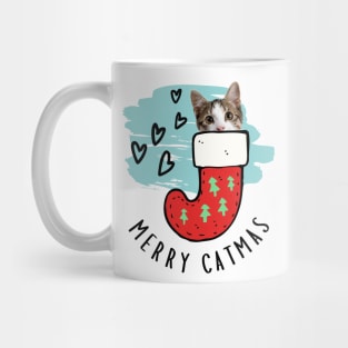 Cat in Christmas sock, Merry Catmas with heart, Merry Christmas with cat Mug